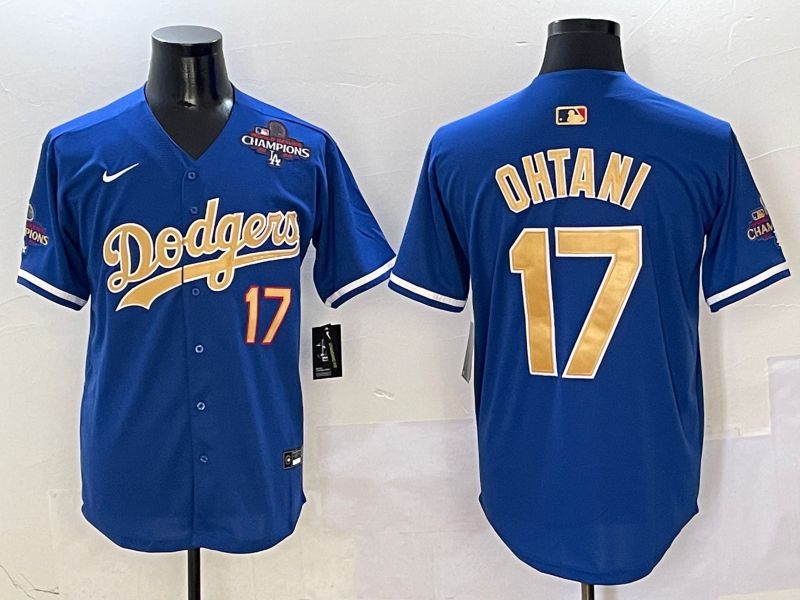 Men Los Angeles Dodgers #17 Ohtani Blue Champion gold character 2025 Nike MLB Jersey style 4094
